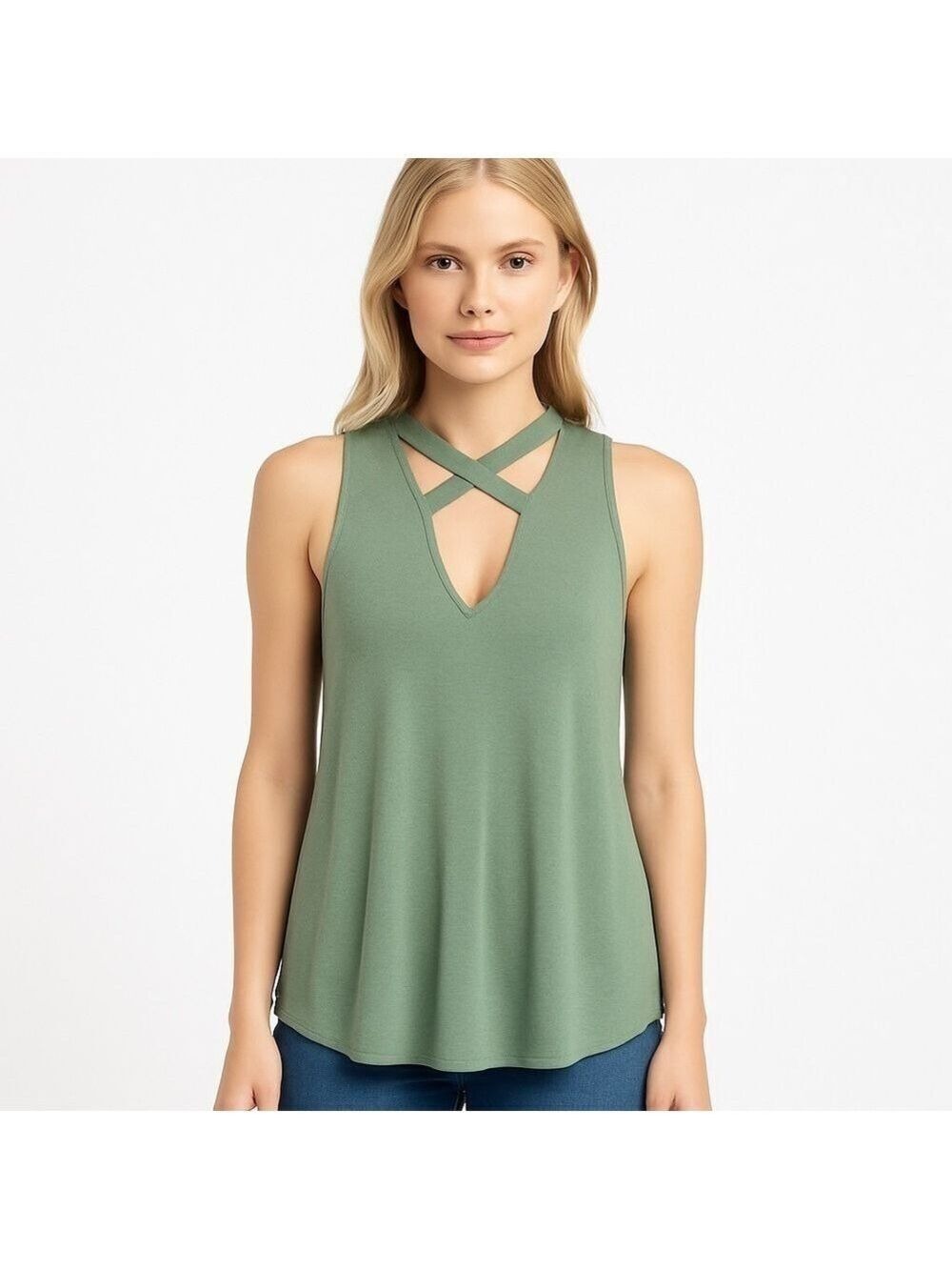 SOPRANO Avocado Green Sexy Rayon Cut-Out Tank Top Size M